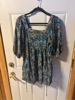 Maurice’s Boho Floral Teal Puff-Sleeve With Ties Tunic Top Oversized Small